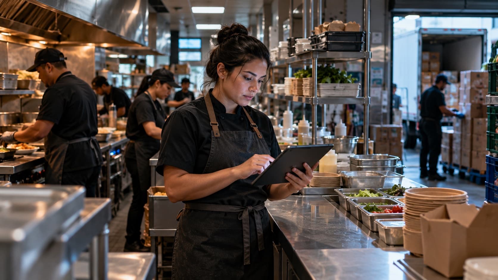 Quick-service restaurant operations lead reviewing demand and replenishment signals during service