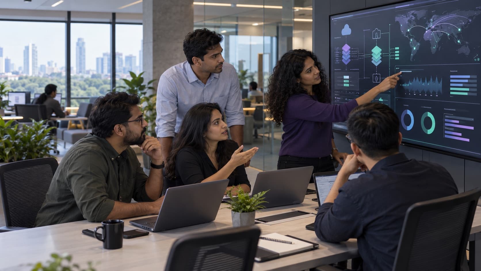 AI-enabled GCC engineering team reviewing governed global data and platform operations