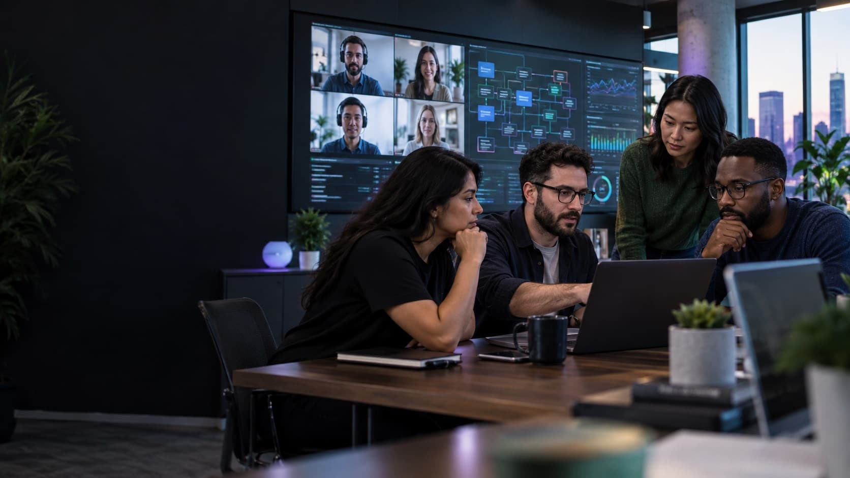 Distributed AI engineering team collaborating across office and remote locations on a production system
