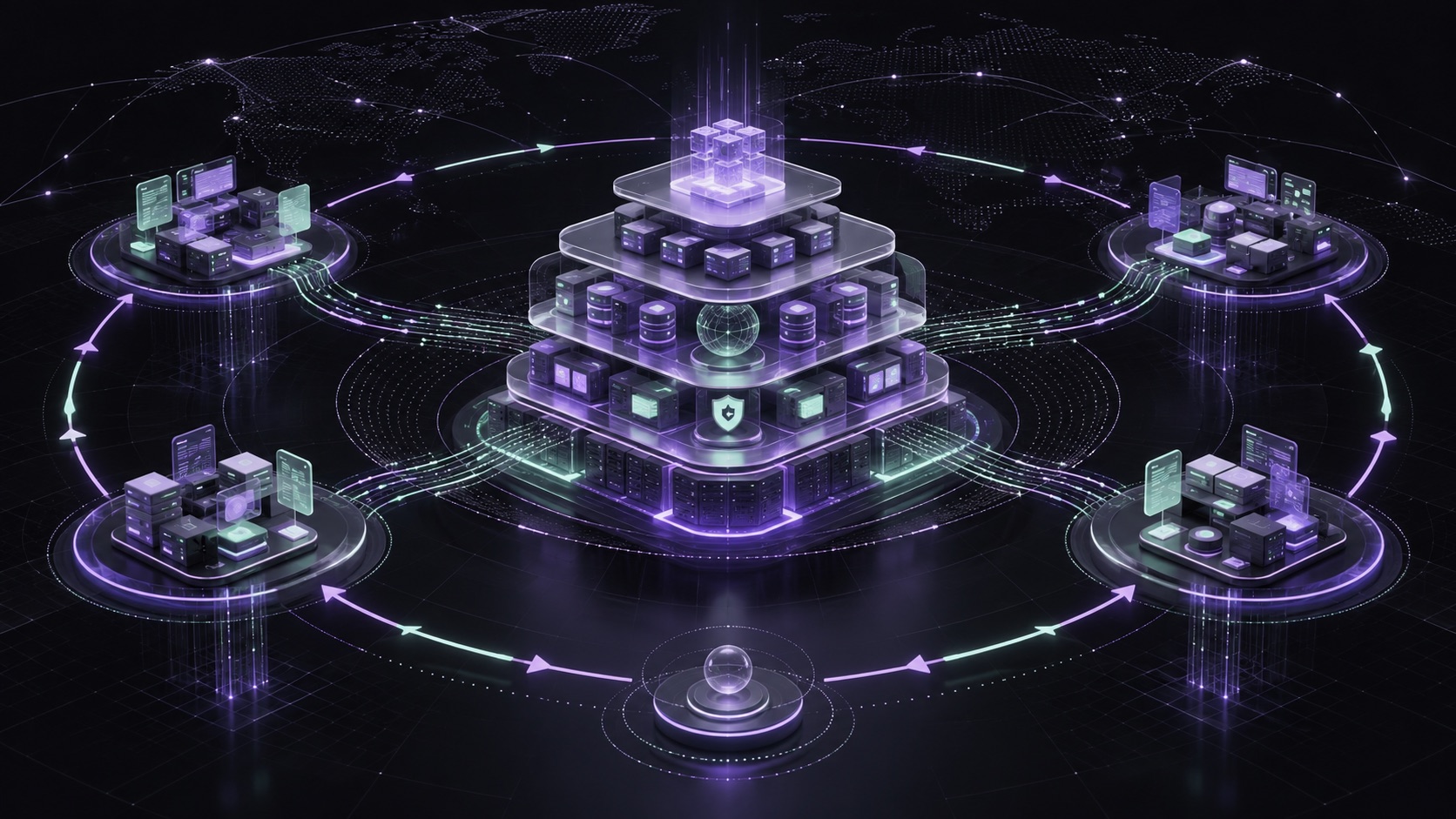 Distributed AI engineering operating system connecting shared platforms, governance, product squads and feedback loops